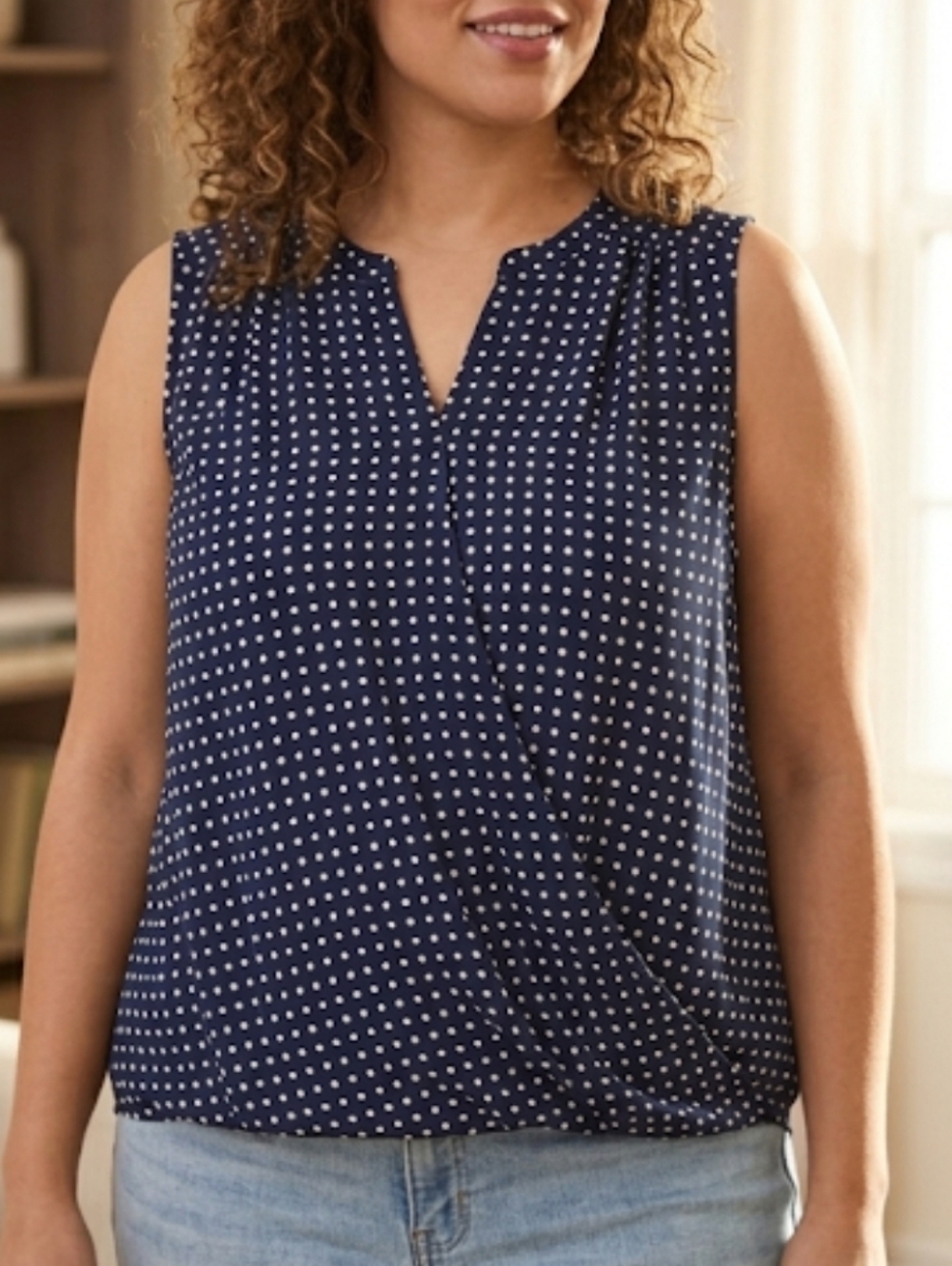 Beacon Apparel Elegant Navy Sleeveless Blouse with Polka Dots **NWOT**